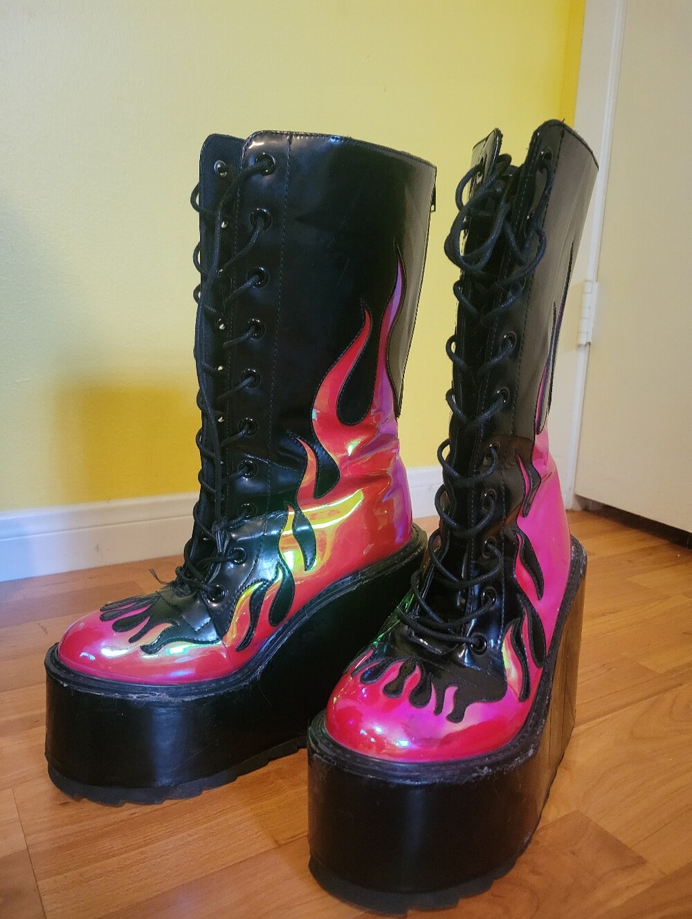 Yru Dune Platform Lace-Up Boots with Red Flame Design
